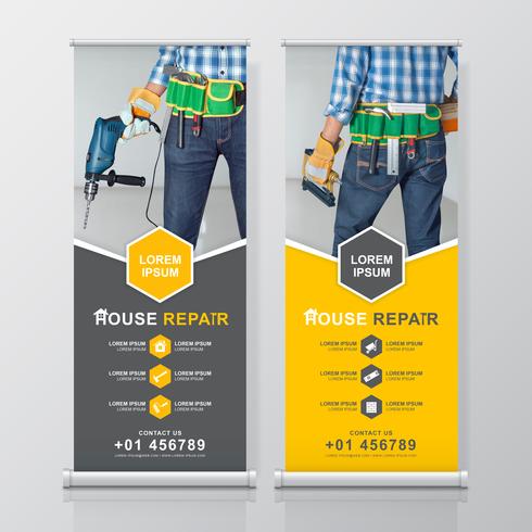 Bouw hulpmiddelen oprollen ontwerp, standee en banner sjabloon decoratie voor tentoonstelling, afdrukken, presentatie vectorillustratie vector