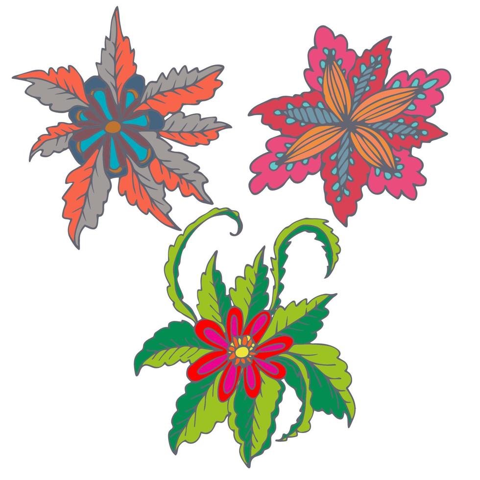 set van kleurrijke hand getrokken fantasie bloemen geïsoleerd op wit. tropisch bloemenelement. vector