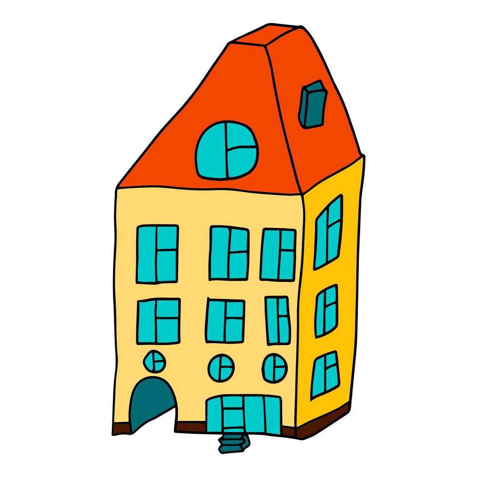 schattige fantasie cartoon doodle huis, gebouw geïsoleerd op een witte achtergrond. architectuur teken. vector