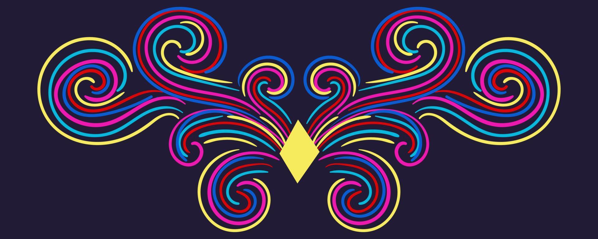 kleurrijk abstract krullend element voor ontwerp, swirl, curl. scheidingslijn, frame geïsoleerd op een donkere achtergrond. vector