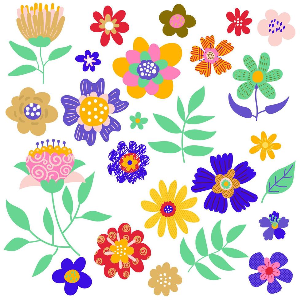 schattige cartoon bloemen, takken set. getextureerde bloemen elementen geïsoleerd op een witte achtergrond. vector
