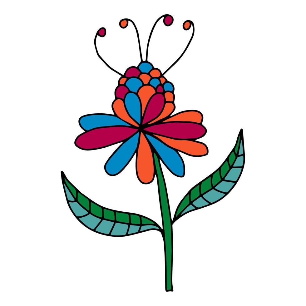 kleurrijke fantasie doodle cartoon slordige bloem geïsoleerd op een witte achtergrond. vector