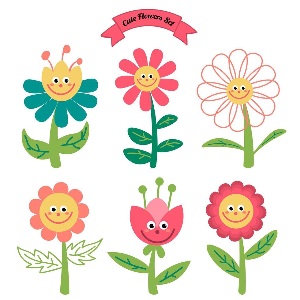 schattige cartoon bloemen in kinderlijke vlakke stijl geïsoleerd op een witte achtergrond. vector