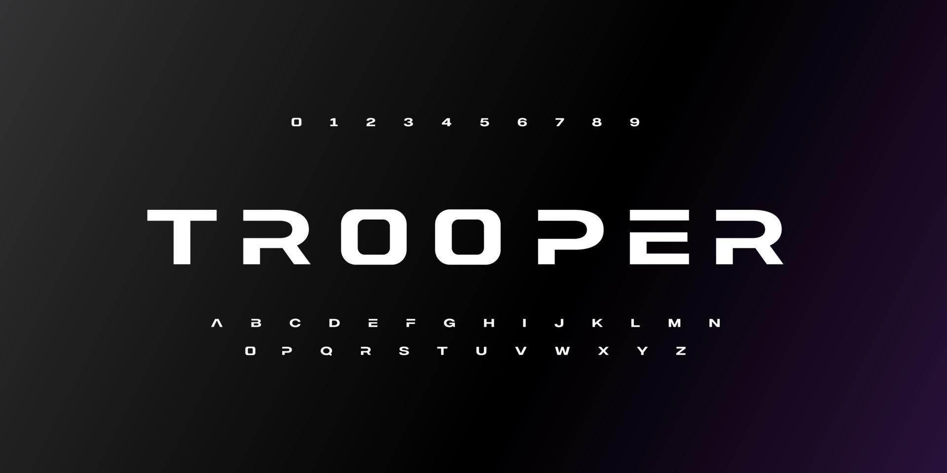 trooper, abstracte technologie ruimte lettertype en alfabet. techno en mode lettertypen ontwerpen. typografie digitaal sci-fi filmconcept. vector illustratie