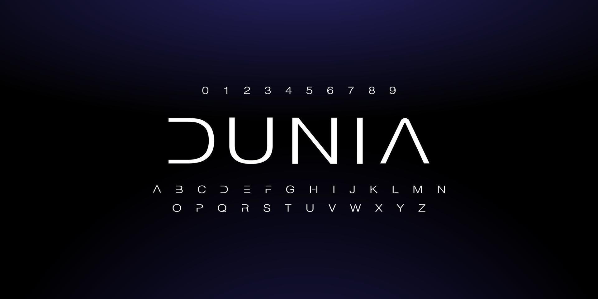 dunia, een abstract technologieruimtelettertype en alfabet. techno-effect lettertypen ontwerpen. typografie digitaal sci-fi concept. vector illustratie