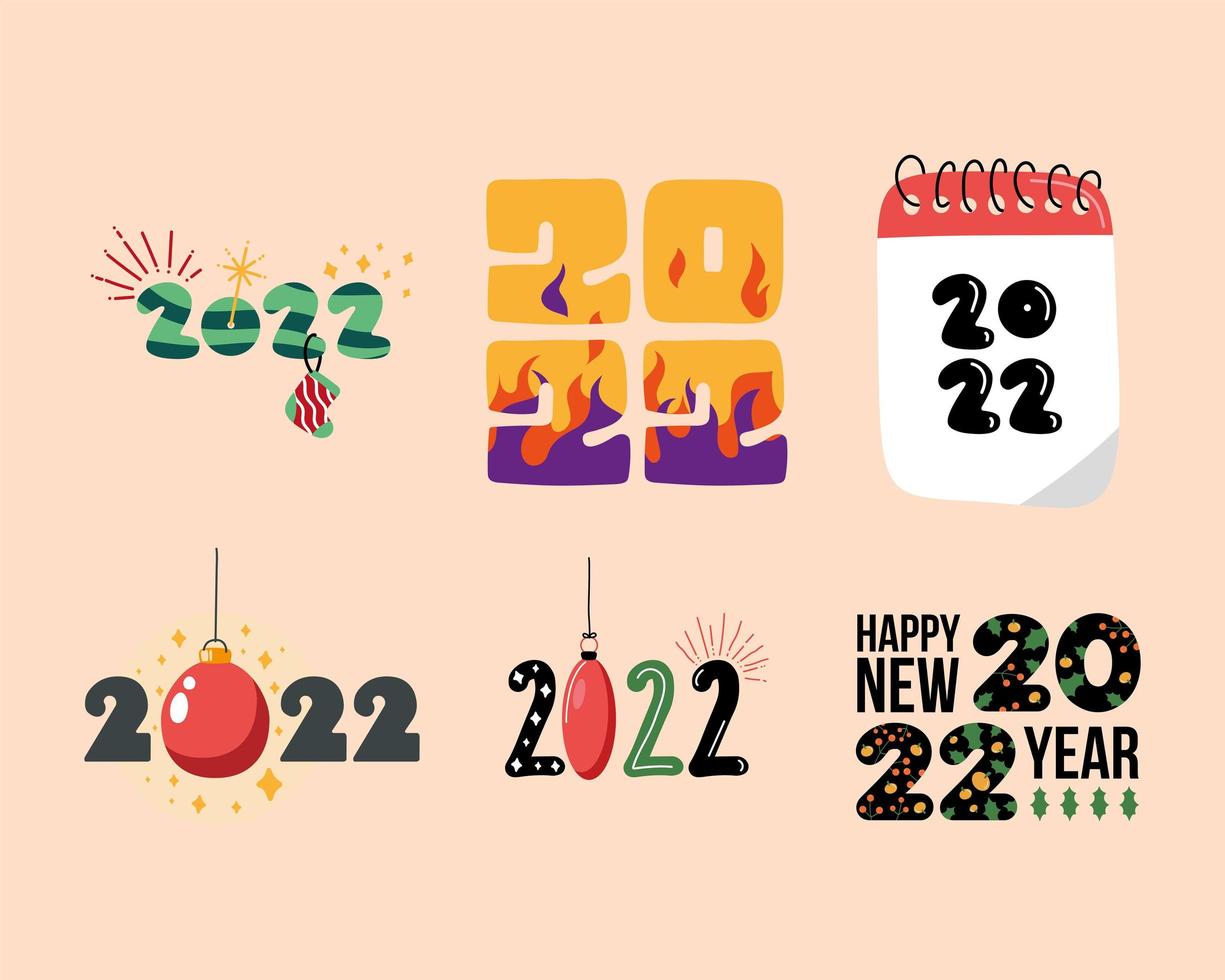 zes nieuwe jaar 2022 pictogrammen vector
