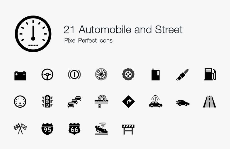 21 Automobiel en straat Pixel perfecte pictogrammen. vector