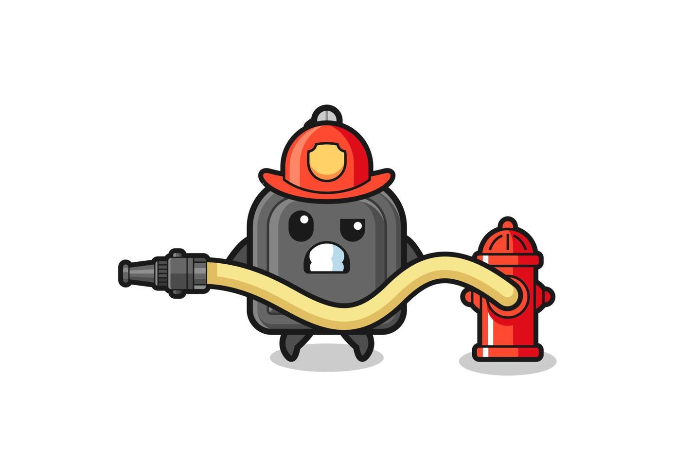 autosleutel cartoon als brandweerman mascotte met waterslang vector