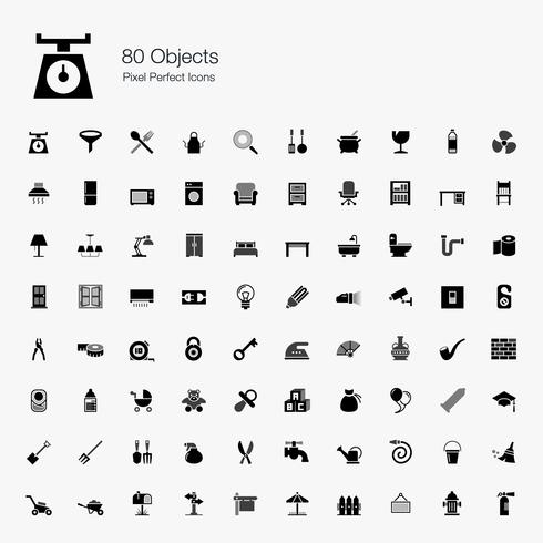 80 objecten Pixel perfecte pictogrammen. vector