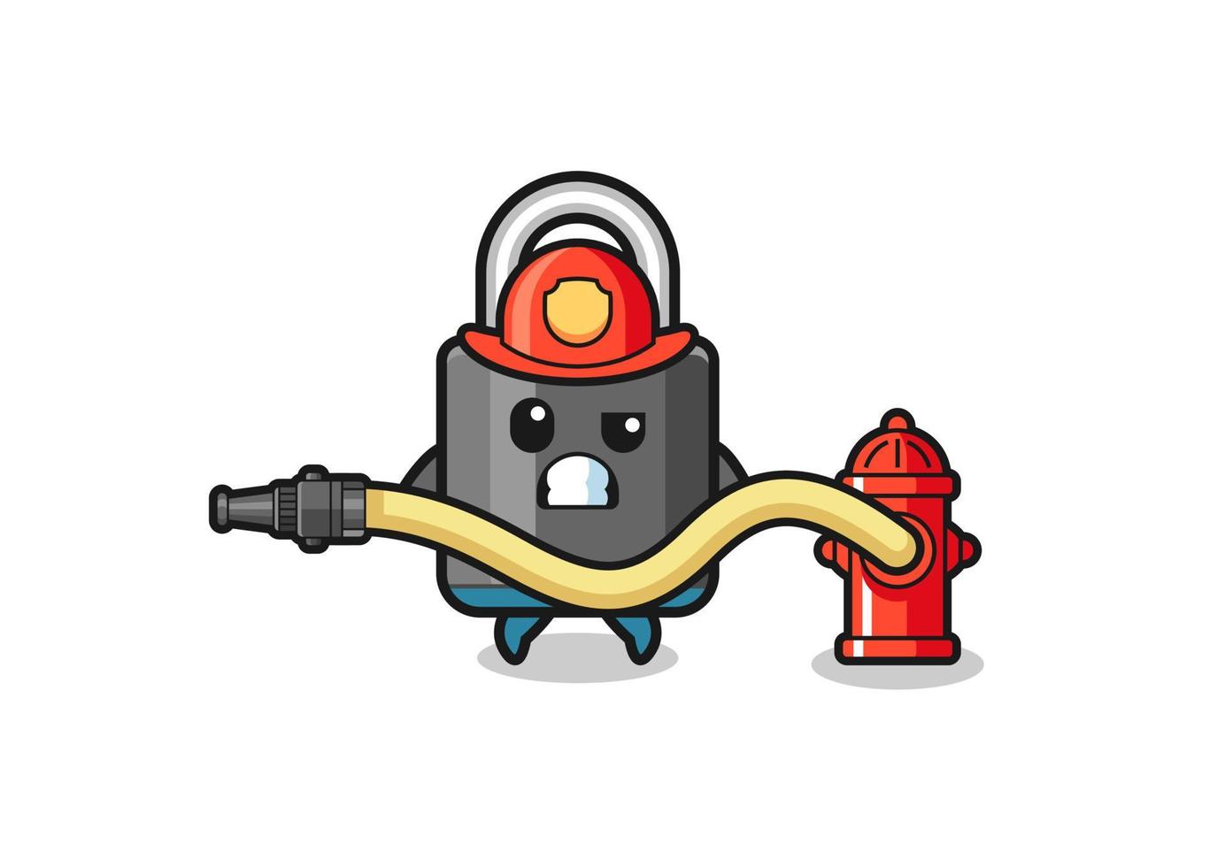 hangslot cartoon als brandweerman mascotte met waterslang vector