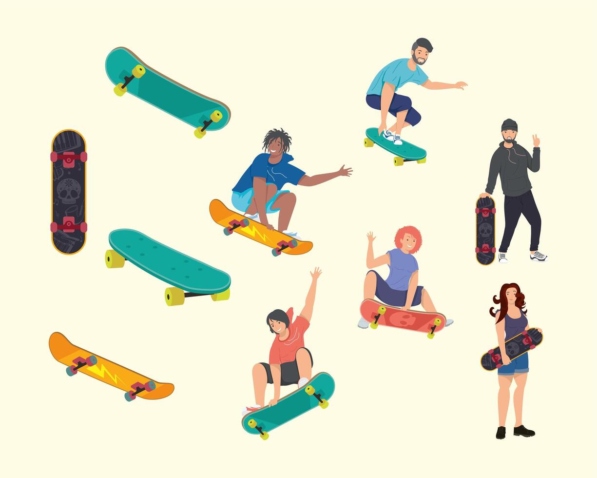 skaters spelers en skateboards vector