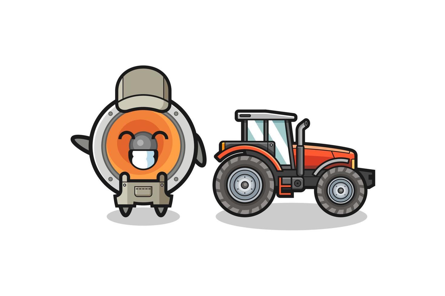 de luidspreker-boerenmascotte die naast een tractor staat vector