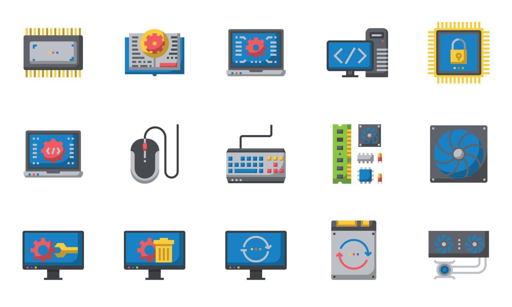 computer hardware pictogrammen egale kleur, koelsysteem, software, laptop vector