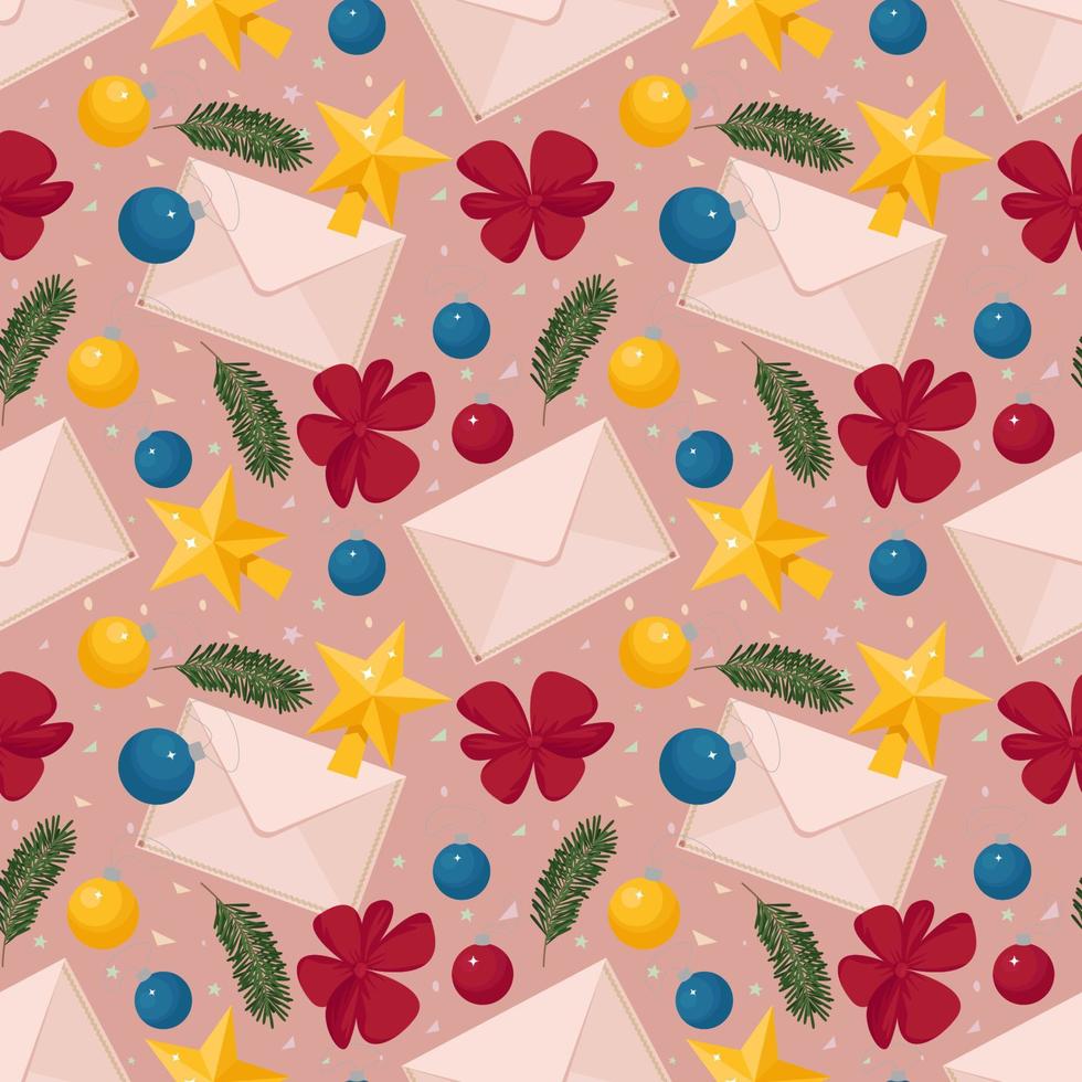 kerst naadloos patroon met envelop, boog, bal, kersttak, ster. vector illustratie