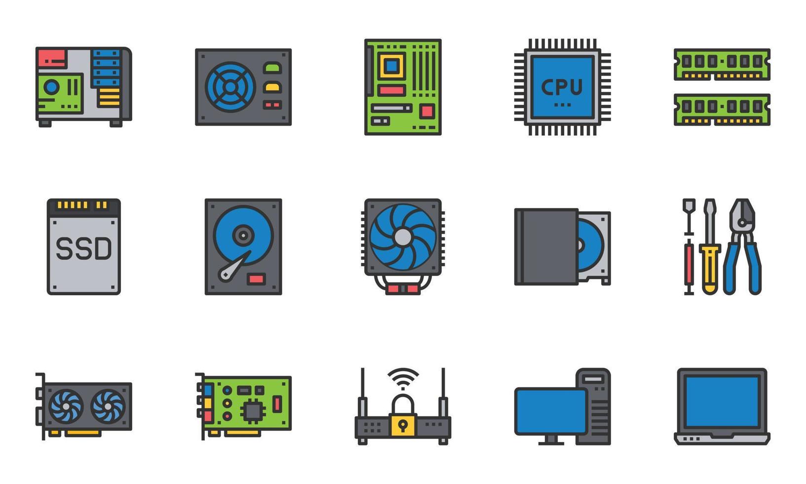 computer hardware pictogrammen lijnkleur, moederbord, cpu-chip, case computer, vector