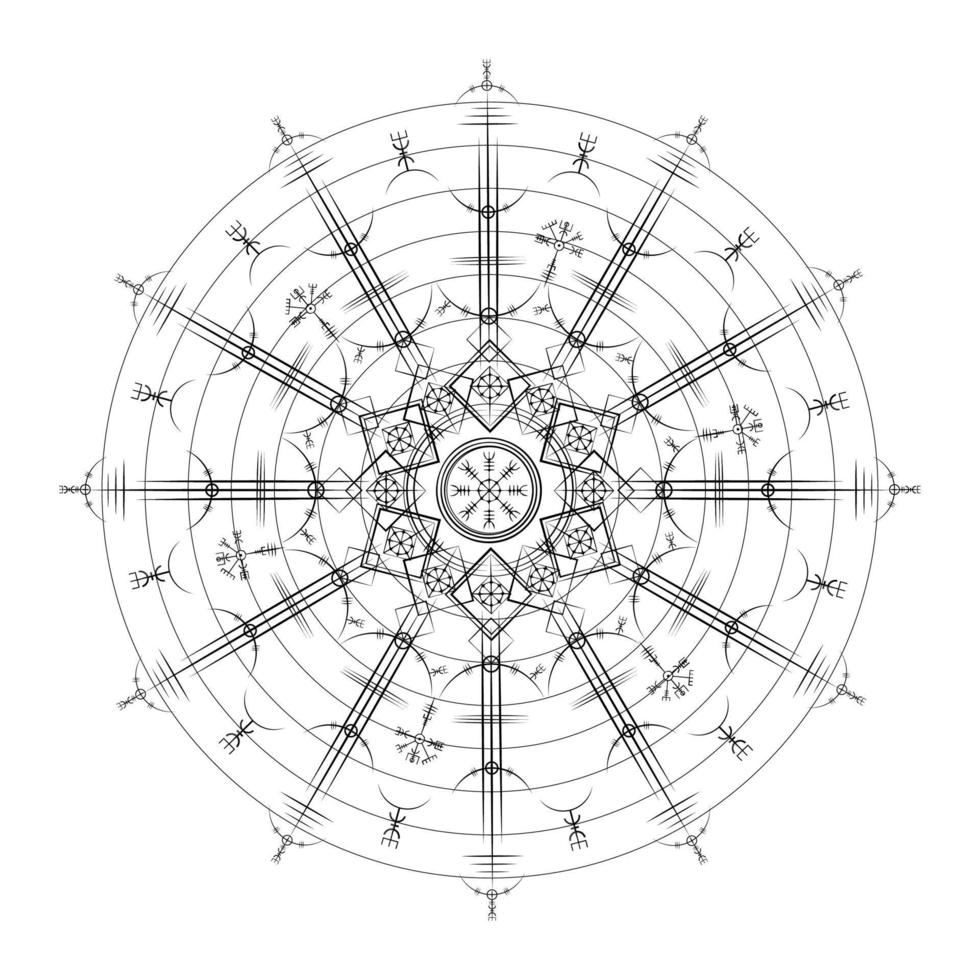 magische oude viking art deco, vegvisir magisch navigatiekompas oud. mandala vikingen gebruikten veel symbolen in overeenstemming met de noorse mythologie, veel gebruikt in de vikingmaatschappij. logo pictogram esoterisch teken vector