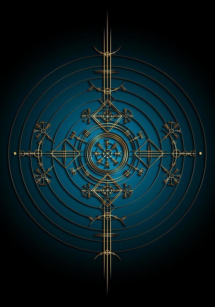 magische oude viking art deco, gouden vegvisir navigatie kompas oud. de Vikingen gebruikten veel symbolen in overeenstemming met de Noorse mythologie, die veel werd gebruikt in de Vikingsamenleving. logo pictogram Wicca esoterisch teken vector