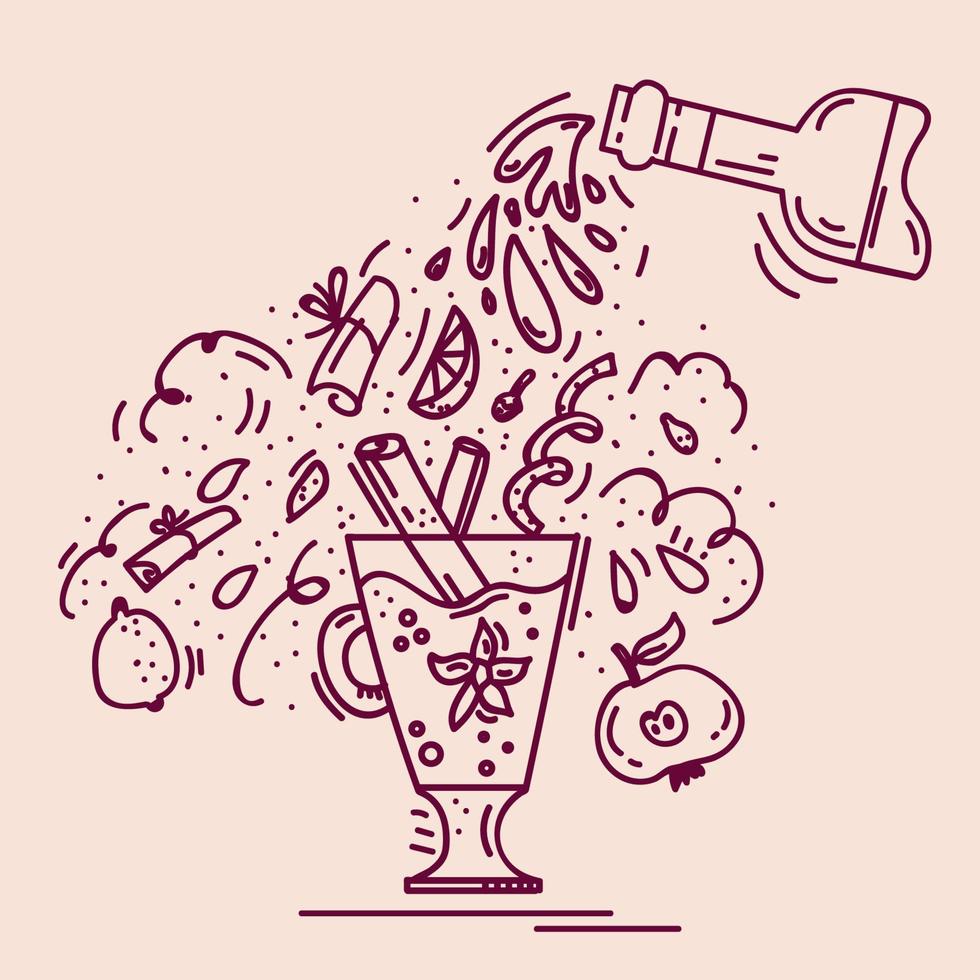 een poster met verwarmende glühwein. illustratie lineaire recept wijn met kruiden. doodle achtergrond voor een menu met een kopje voor een warme drank. vector illustratie