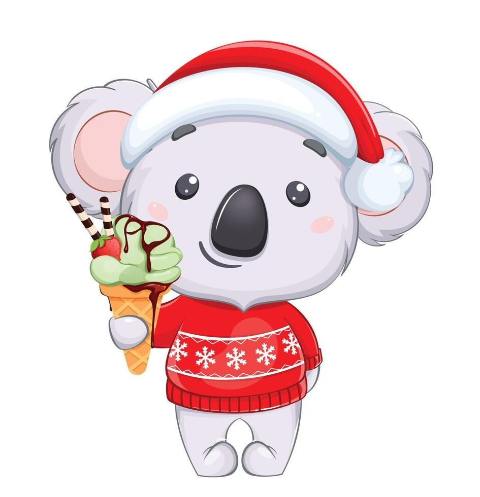 grappige koala in kerstmuts met ijs vector