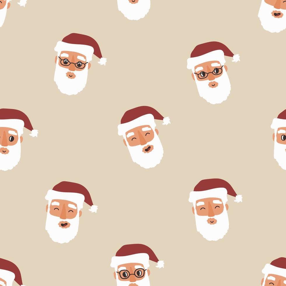gelukkig kerstman naadloos patroon. vectorkerstmisillustratie van santahoofden, gezichtenemoties op beige background vector