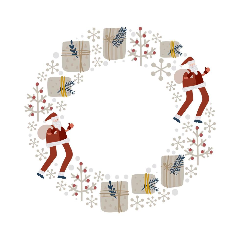 kerst doodle hand getekende vector krans bloemen tak, kerstman, geschenkdoos en sneeuwvlokken frame voor tekst decoratie. schattige illustratie in scandinavische stijl