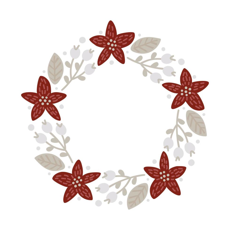 kerst doodle hand getekende vector krans bloemen tak, bladeren en sneeuwvlokken frame voor tekst decoratie. leuke vakantie scandinavische stijl illustratie