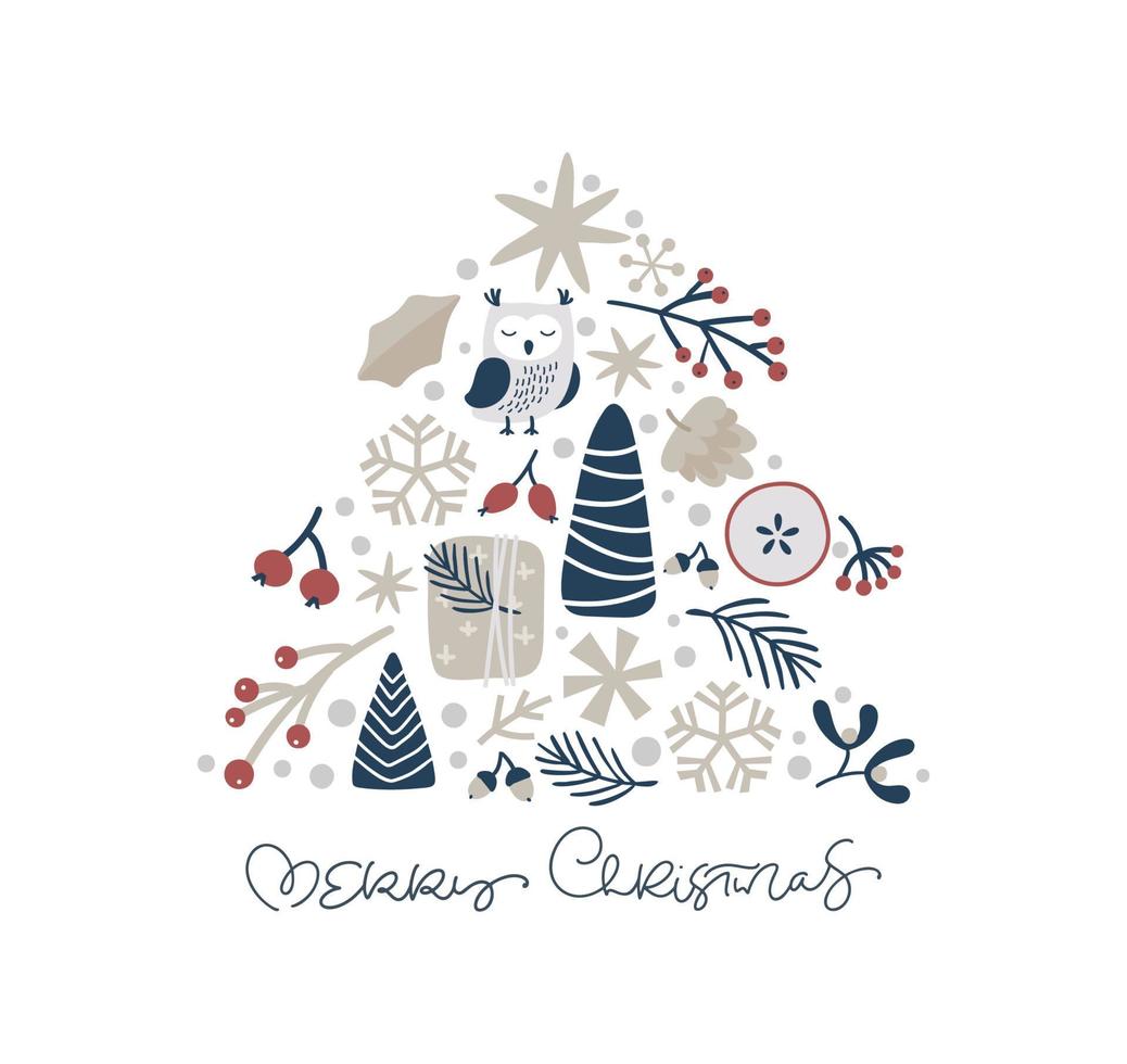kerst vector hand getekende fir tree vorm xmas doodle scandinavische elementen cadeau, uil, sneeuwvlok. vrolijke kersttekst. compositie voor wenskaart voor de wintervakantie