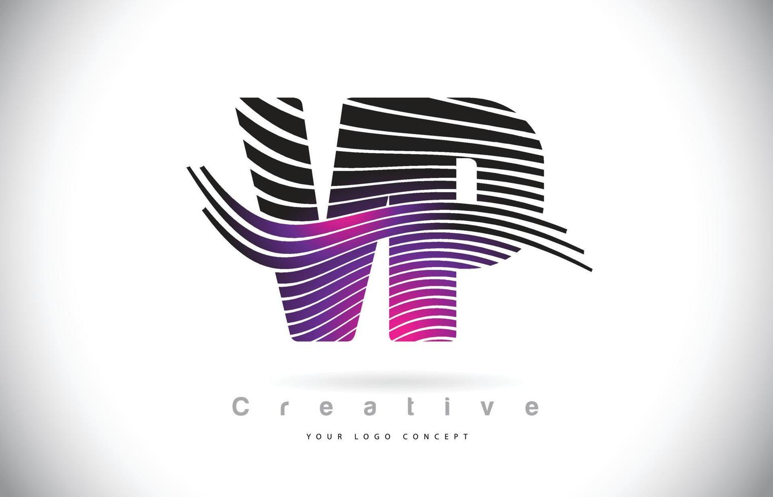 vp vp zebra textuur brief logo ontwerp met creatieve lijnen en swosh in paarse magenta kleur. vector