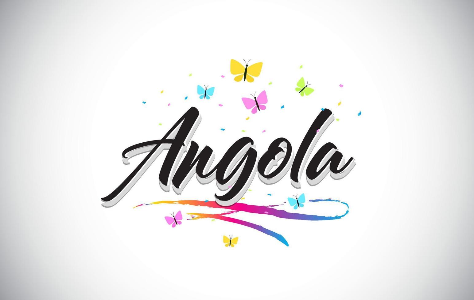 angola handgeschreven vector word-tekst met vlinders en kleurrijke swoosh.