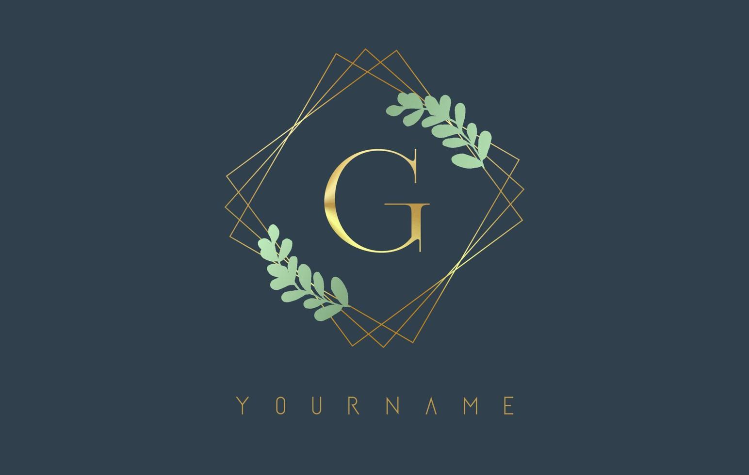 gouden letter g-logo met gouden vierkante frames en groen bladontwerp. creatieve vectorillustratie met letter g. vector