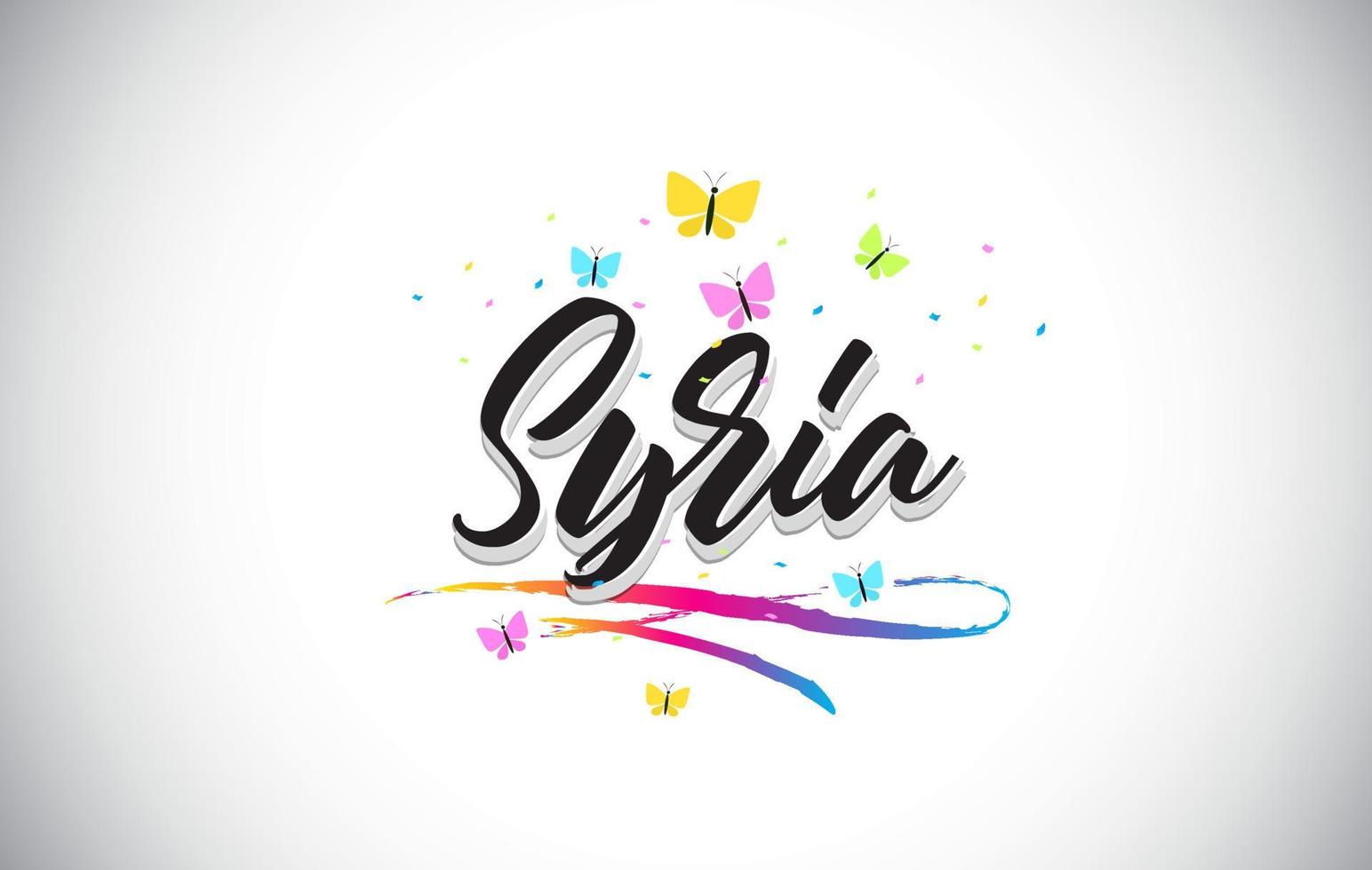 Syrië handgeschreven vector word-tekst met vlinders en kleurrijke swoosh.