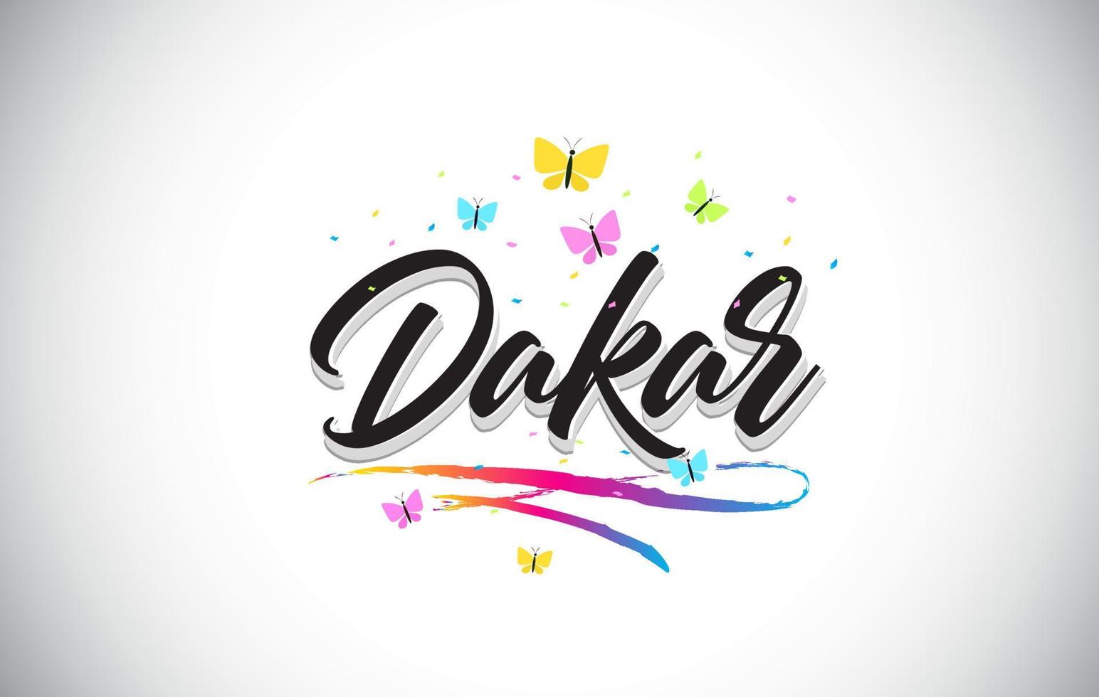 dakar handgeschreven vector word-tekst met vlinders en kleurrijke swoosh.