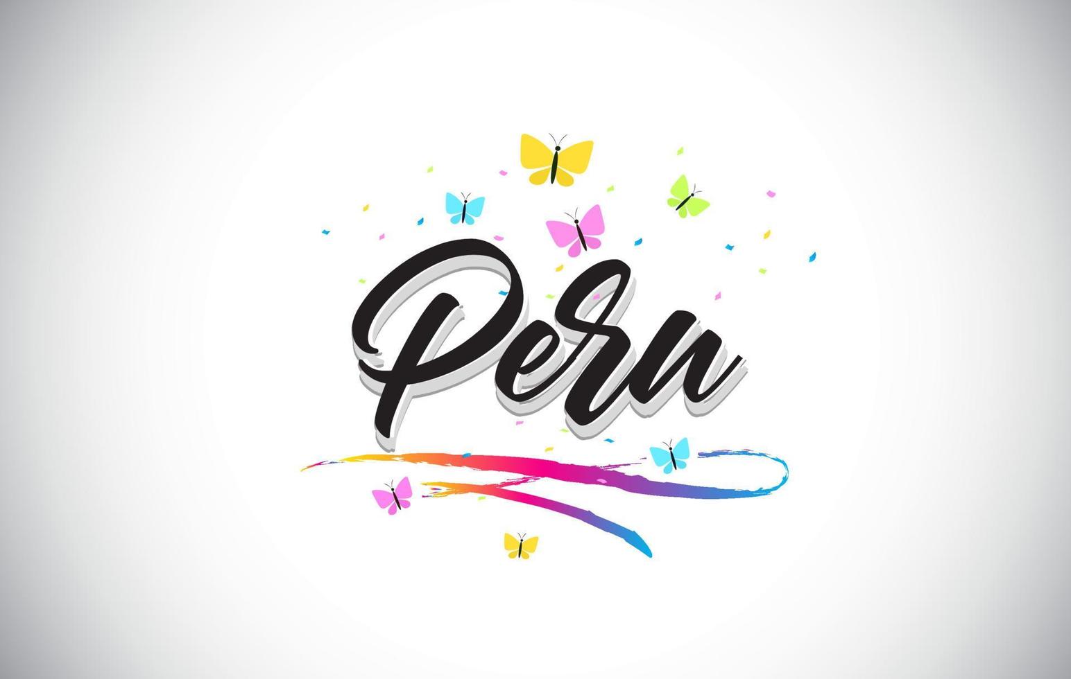 Peru handgeschreven vector word-tekst met vlinders en kleurrijke swoosh.