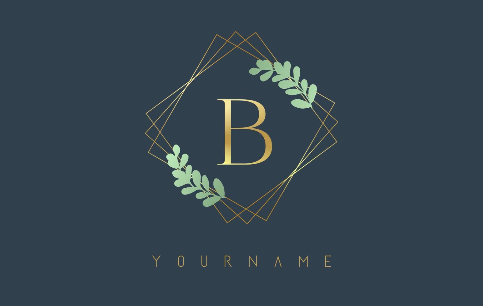 gouden letter b-logo met gouden vierkante frames en groen bladontwerp. creatieve vectorillustratie met letter b. vector