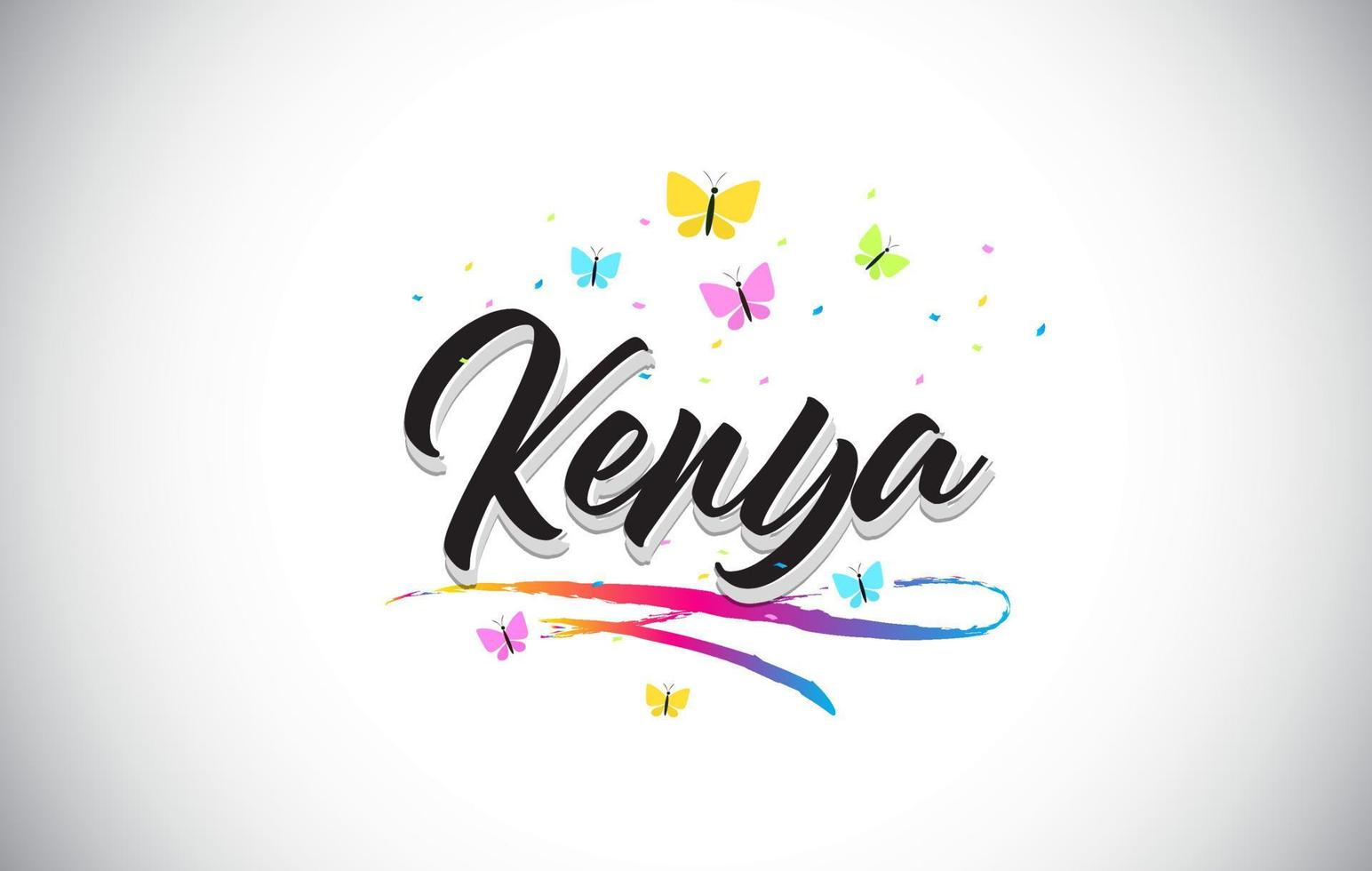 Kenia handgeschreven vector word-tekst met vlinders en kleurrijke swoosh.