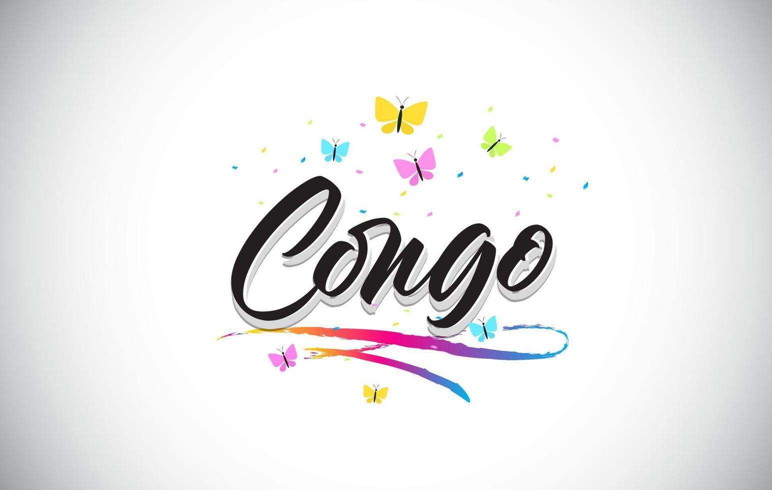 congo handgeschreven vector word-tekst met vlinders en kleurrijke swoosh.