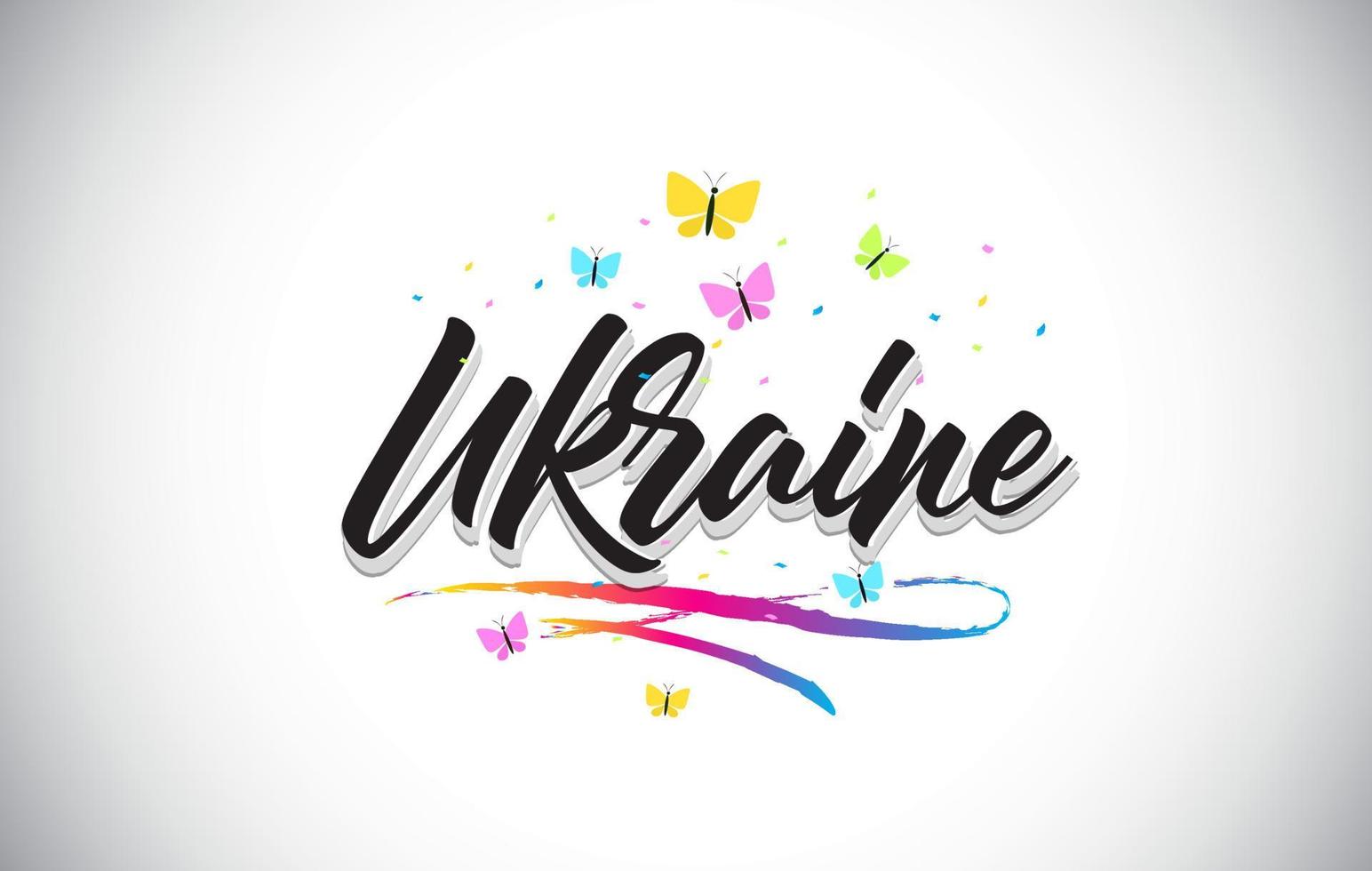 Oekraïne handgeschreven vector word-tekst met vlinders en kleurrijke swoosh.