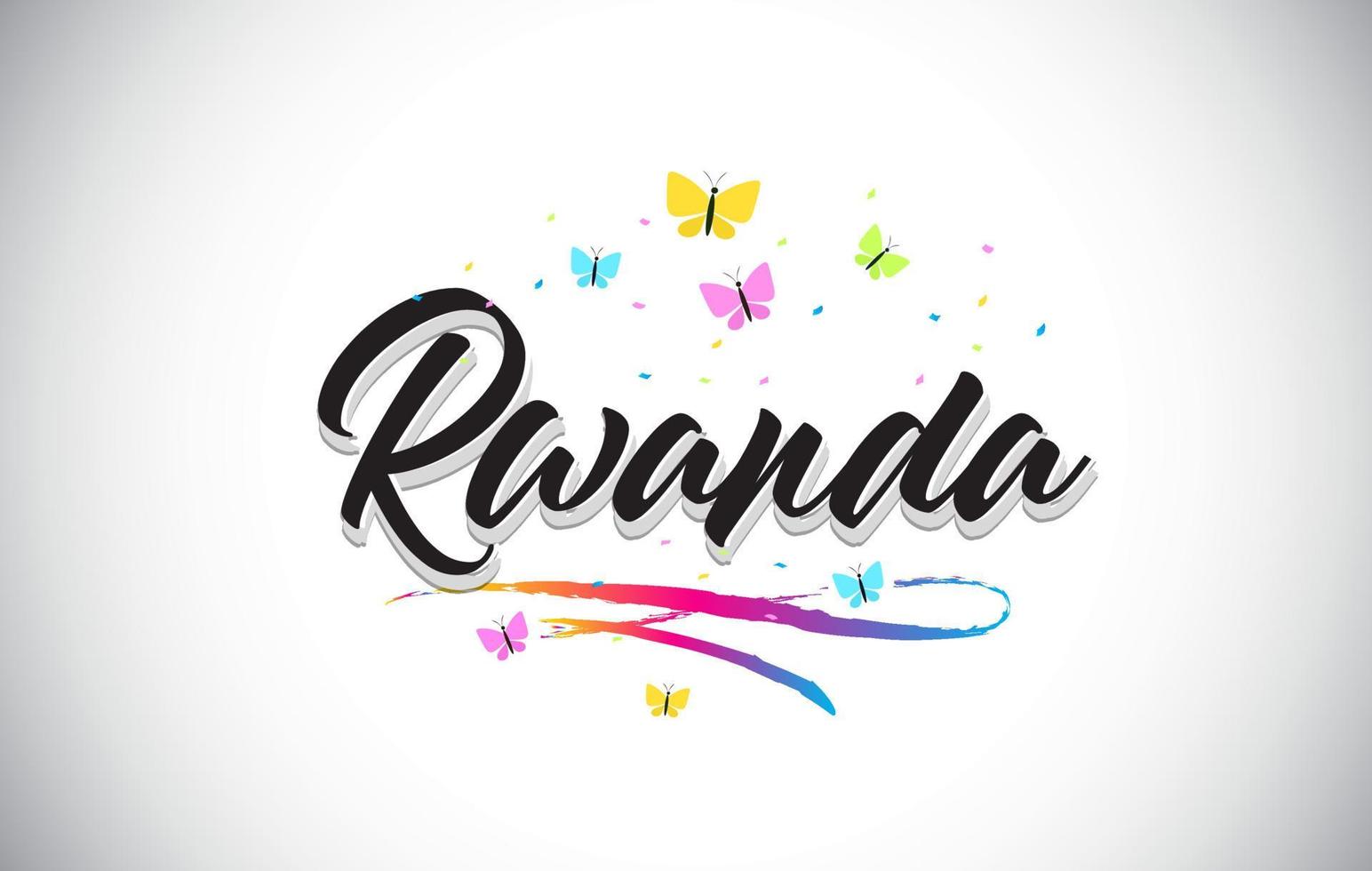 Rwanda handgeschreven vector word-tekst met vlinders en kleurrijke swoosh.