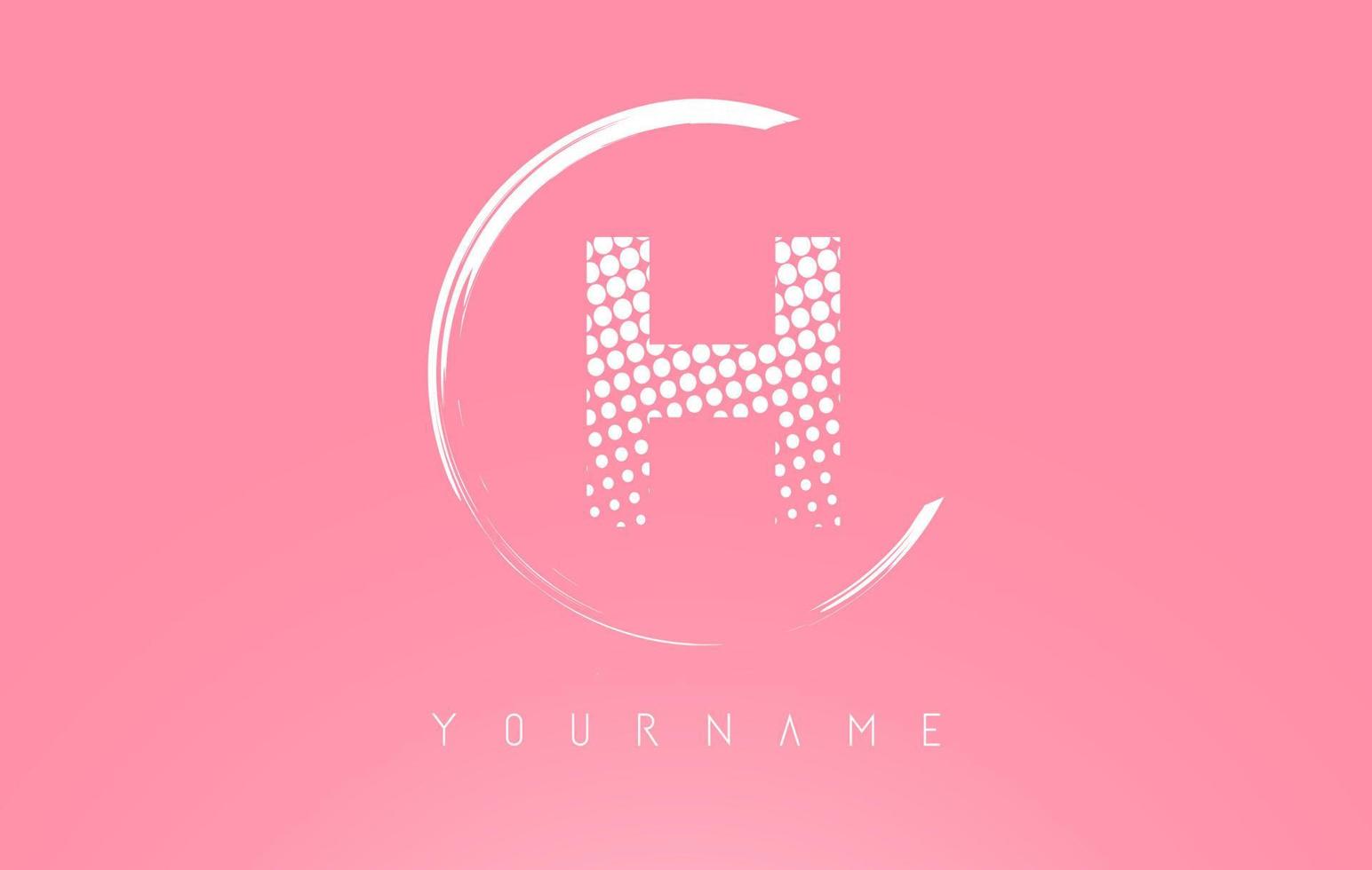 witte h brief logo ontwerp met witte stippen en wit cirkelframe op roze achtergrond. vector