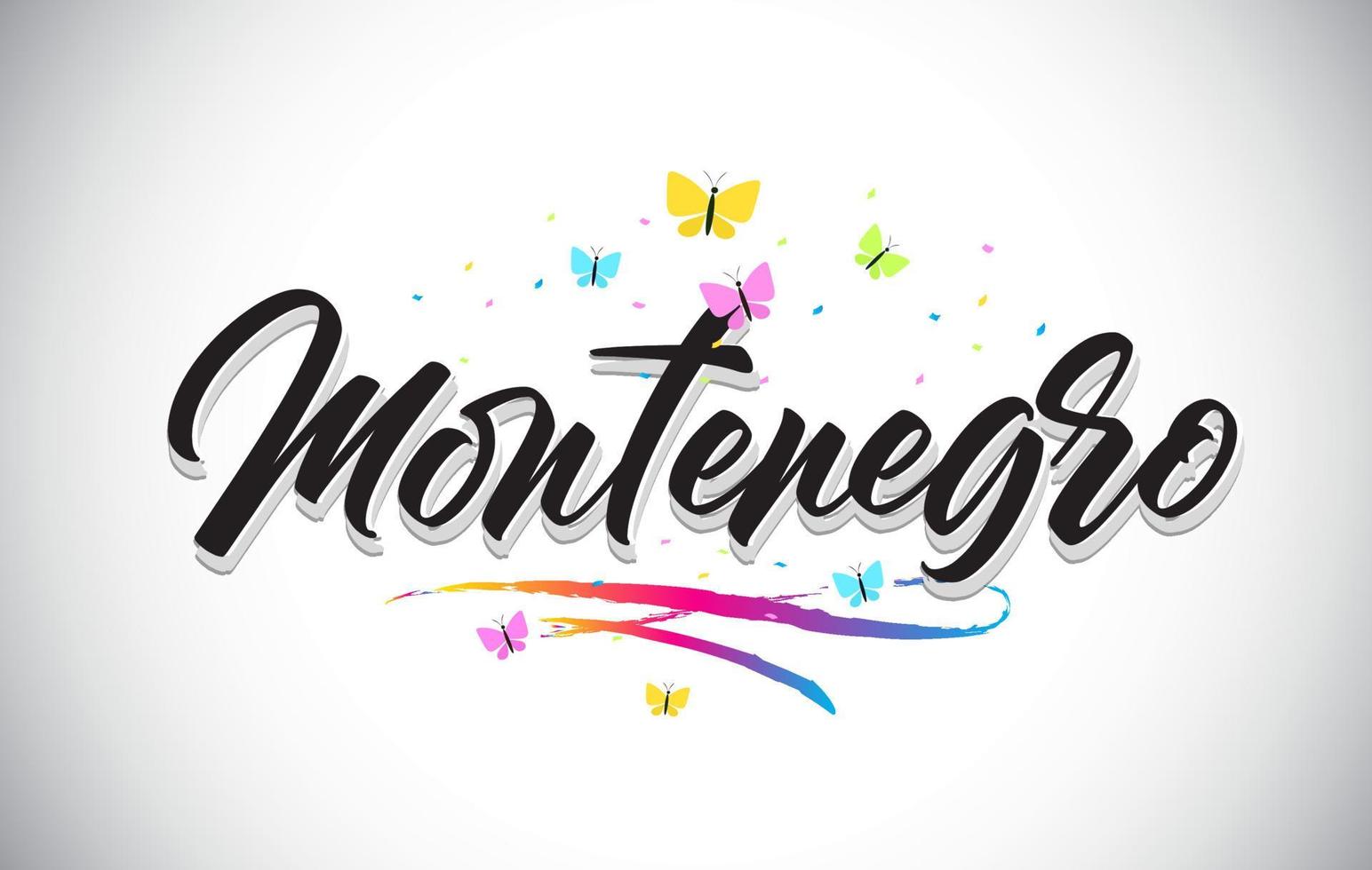 Montenegro handgeschreven vector word-tekst met vlinders en kleurrijke swoosh.
