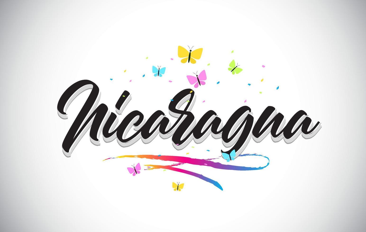 Nicaragua handgeschreven vector word-tekst met vlinders en kleurrijke swoosh.