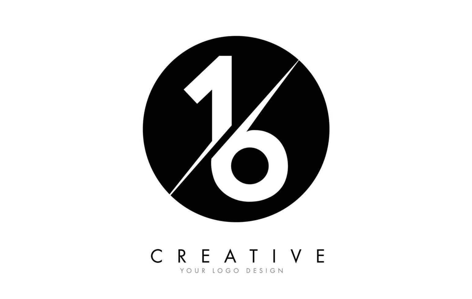16 1 6 nummer logo-ontwerp met een creatieve snit en zwarte cirkel achtergrond. vector