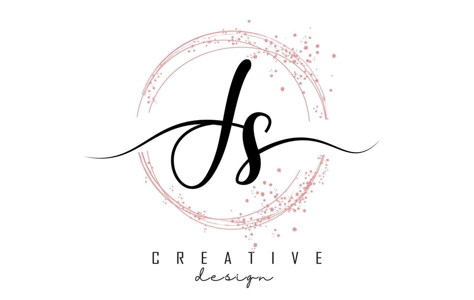 handgeschreven js js-letterlogo met sprankelende cirkels met roze glitter. vector