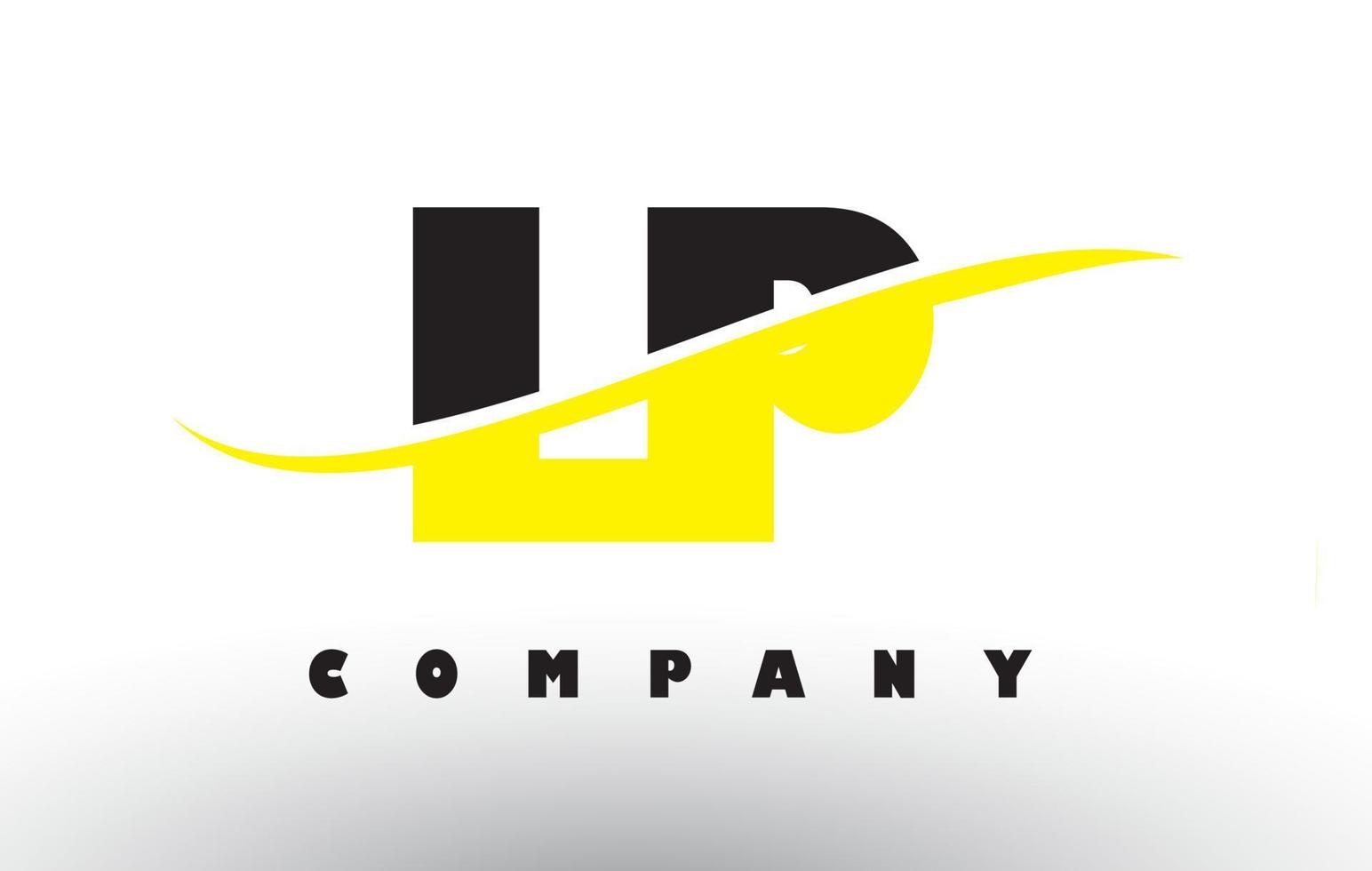 lp lp zwart en geel letterlogo met swoosh. vector