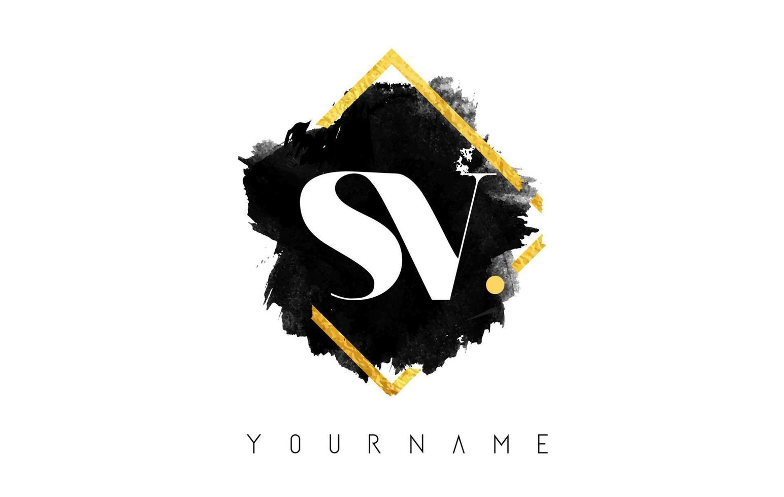 SV sv brieven logo ontwerp met zwarte inktstreek over gouden vierkante frame vector. vector