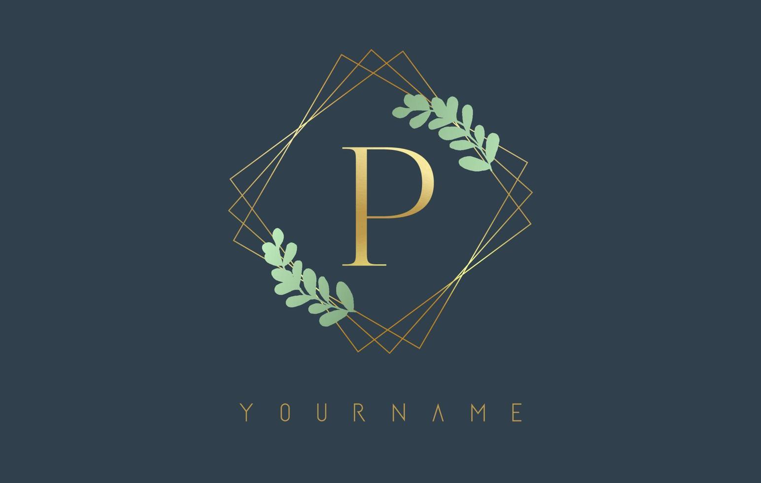 gouden letter p-logo met gouden vierkante frames en groen bladontwerp. creatieve vectorillustratie met letter p. vector