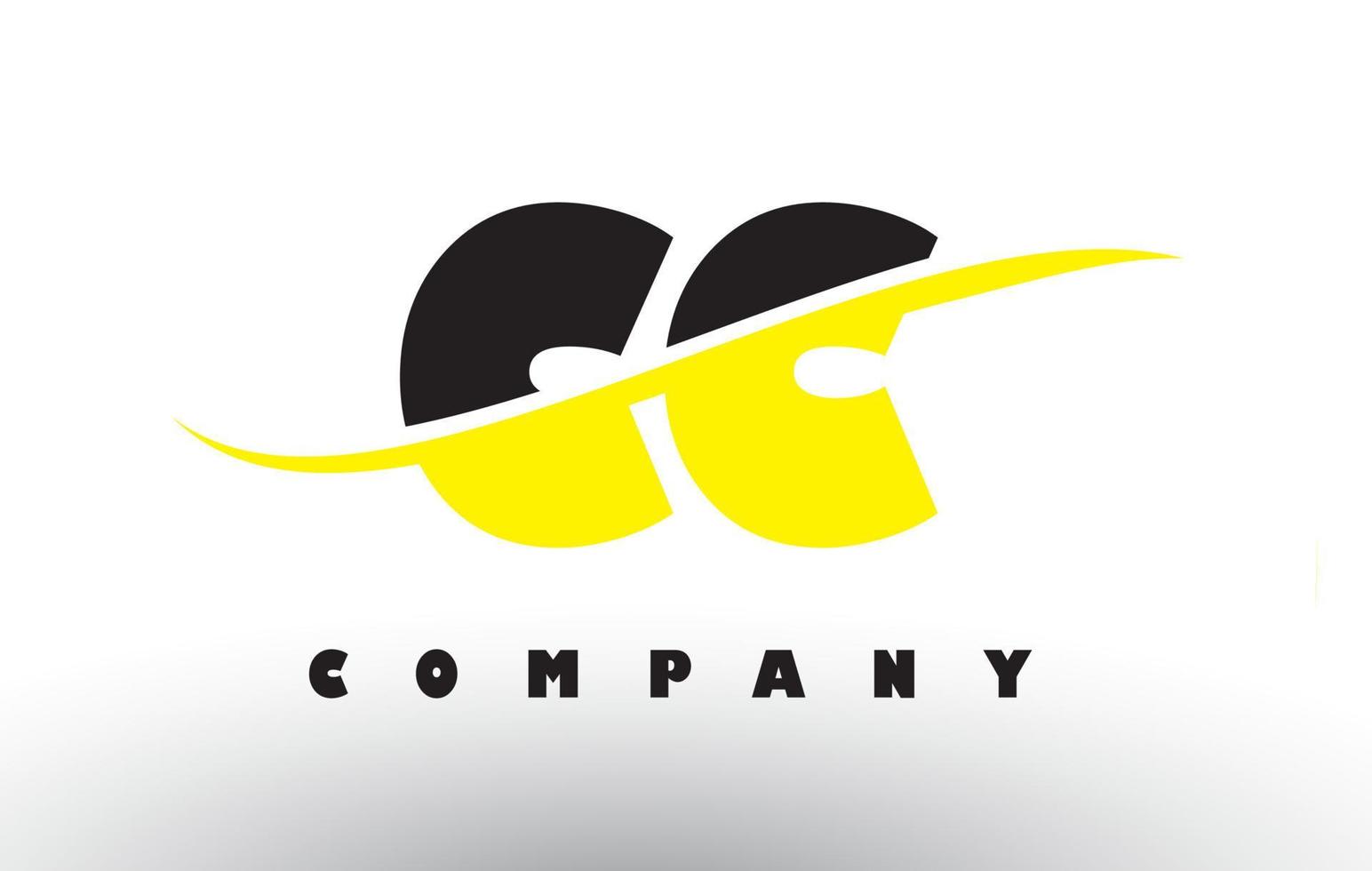 cc cc zwart en geel letterlogo met swoosh. vector