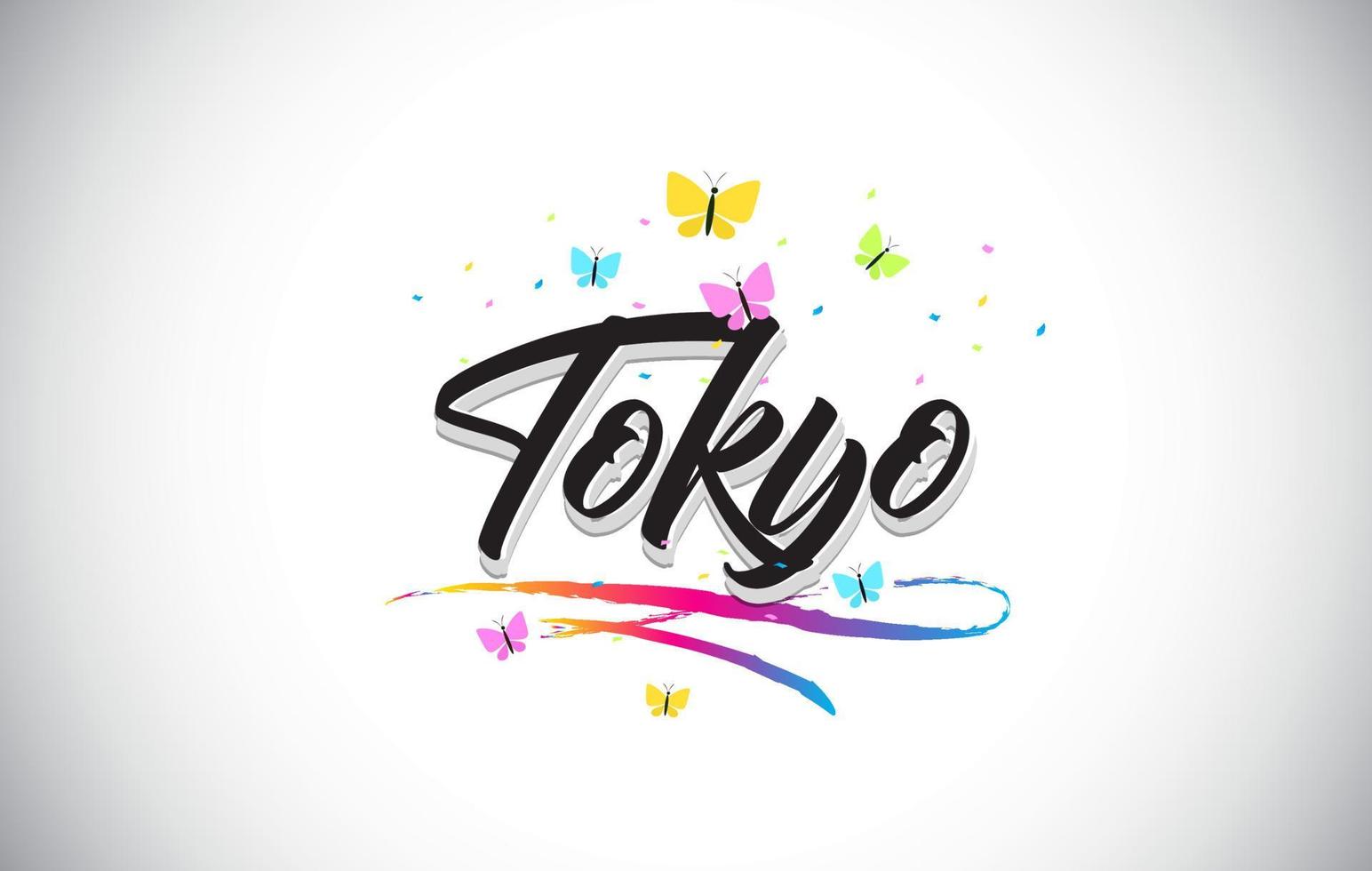 Tokyo handgeschreven vector word-tekst met vlinders en kleurrijke swoosh.