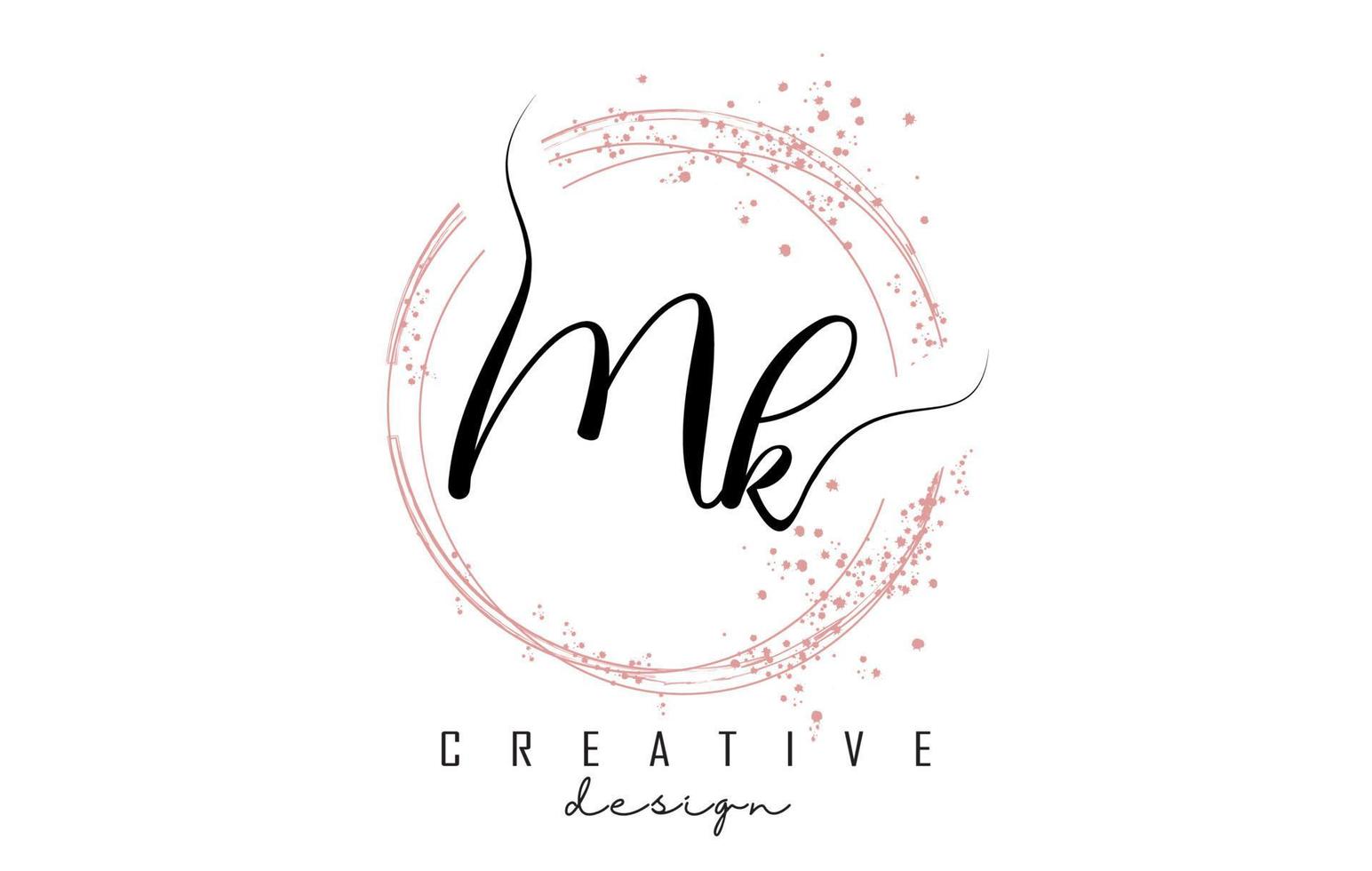 handgeschreven mk mk letterlogo met sprankelende cirkels met roze glitter. vector