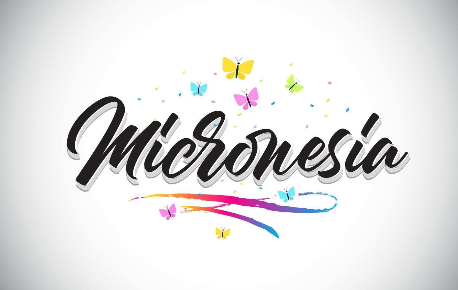 micronesië handgeschreven vector word-tekst met vlinders en kleurrijke swoosh.